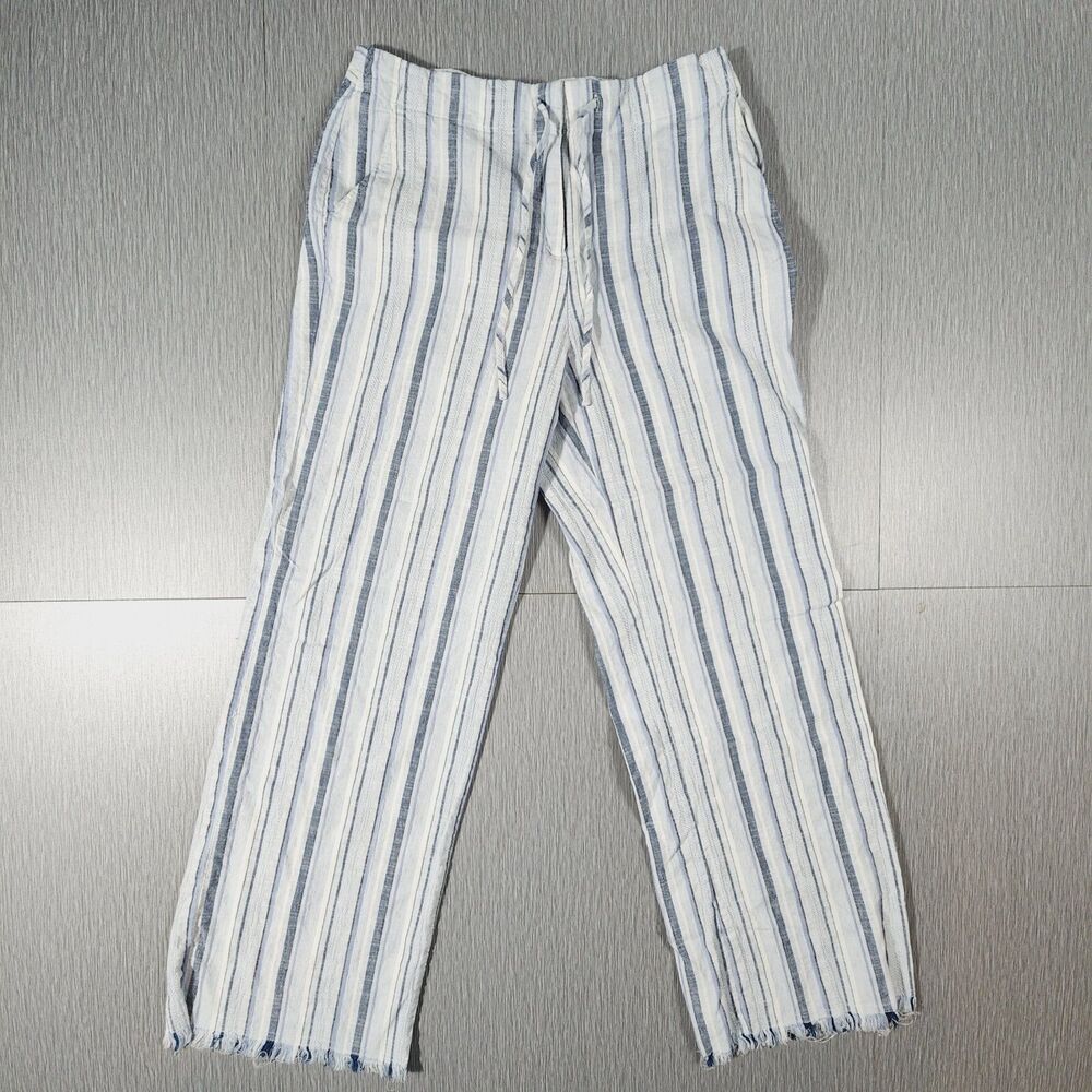 Nic + Zoe Drawstring Linen Blend Pants White Gray Striped Womens Size 6